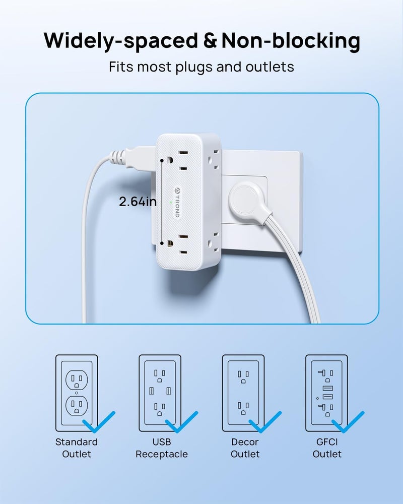 TROND Multi Plug Outlet Extender 2 Pack - 6 AC Outlet Splitter with 360° Rotating Plug, Wall Plug Adapter, 3 Way Multiplug Expander, Swivel Wall Extension Adapter for Bathroom Kitchen Office Travel - Image 4